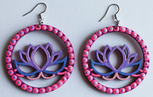 Load image into Gallery viewer, Pink and Purple Hand Painted Wooden Lotus Flower Earrings
