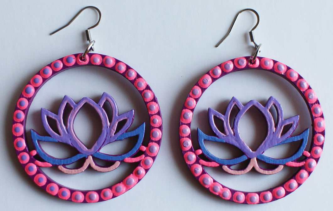 Pink and Purple Hand Painted Wooden Lotus Flower Earrings