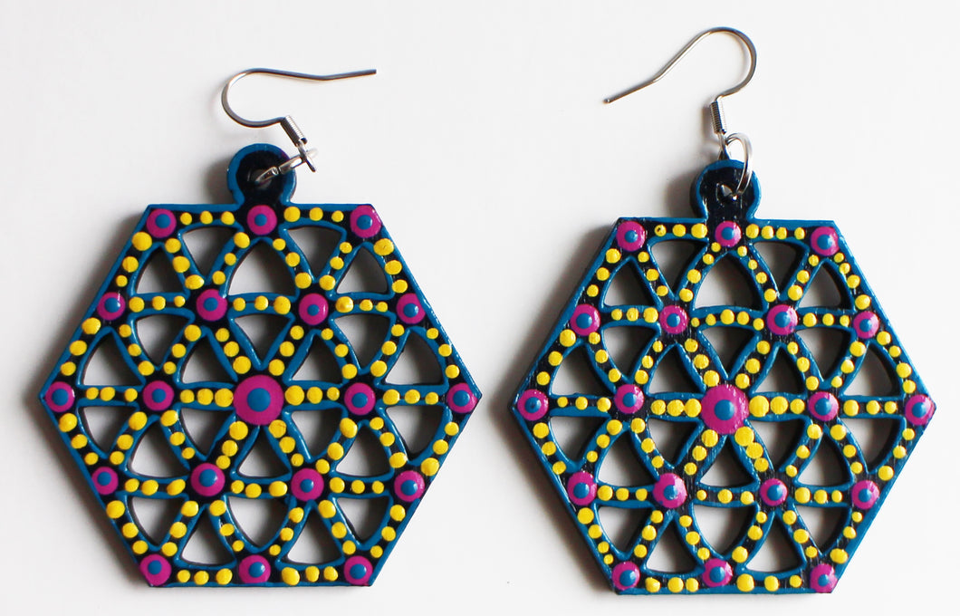 Pink and Yellow Hand Painted Wooden Flower of Life in Hexagon Earrings