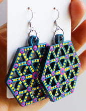Load image into Gallery viewer, Pink and Yellow Hand Painted Wooden Flower of Life in Hexagon Earrings

