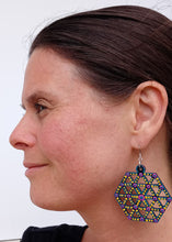 Load image into Gallery viewer, Pink and Yellow Hand Painted Wooden Flower of Life in Hexagon Earrings
