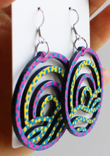 Load image into Gallery viewer, Pink and Yellow Hand Painted Wooden Geometric Scene in Circle Earrings
