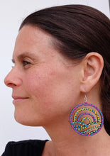 Load image into Gallery viewer, Pink and Yellow Hand Painted Wooden Geometric Scene in Circle Earrings
