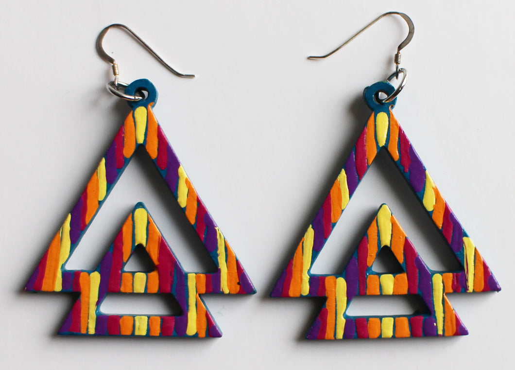 Yellow and Pink Hand Painted Wooden Double Triangle Earrings