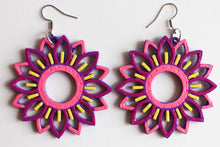 Load image into Gallery viewer, Pink and Yellow Hand Painted Wooden Flower Cut Out Earrings
