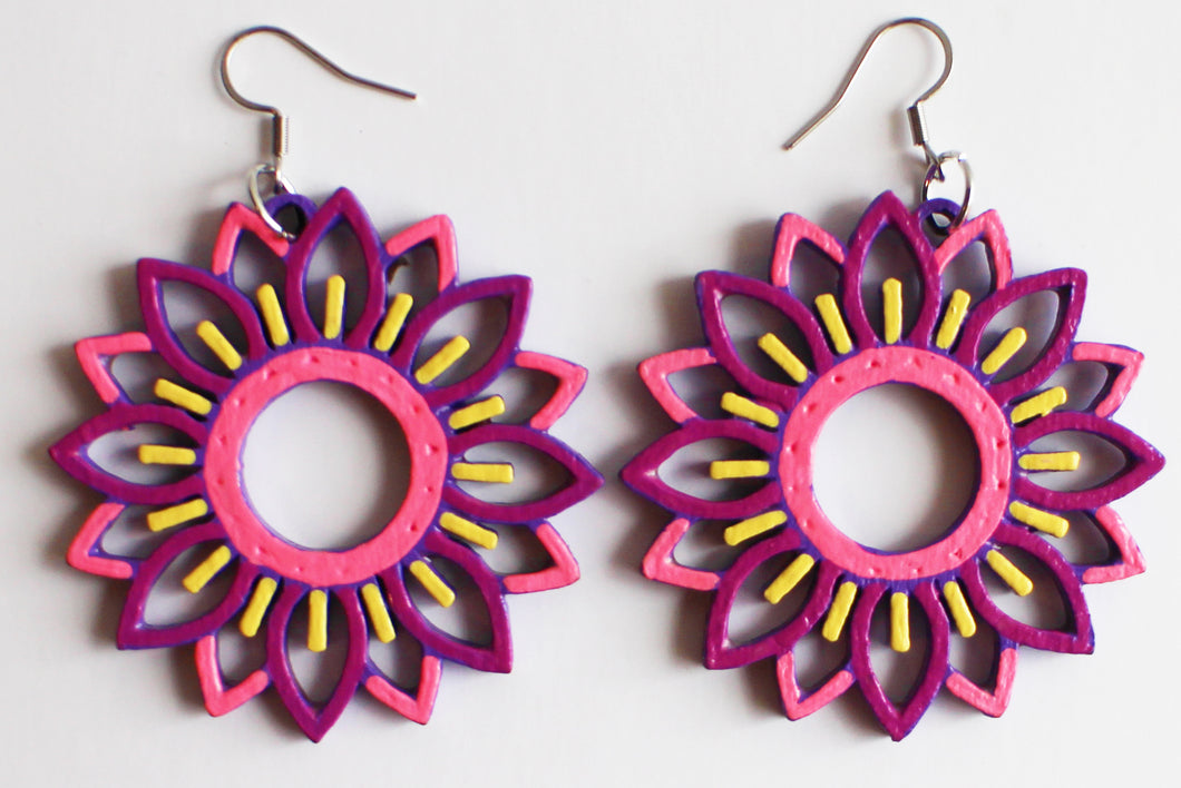 Pink and Yellow Hand Painted Wooden Flower Cut Out Earrings
