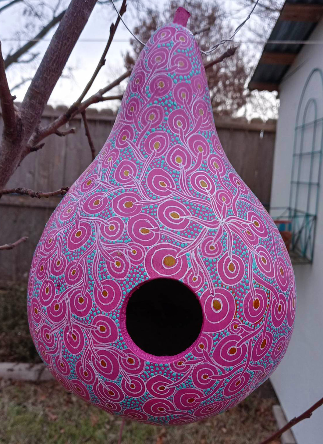 Hand Painted Pink and Gold Intricate Design Gourd Style Bird House