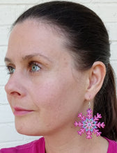 Load image into Gallery viewer, Pink and Light Blue Hand Painted Laser Cut Wood Snowflake Earrings

