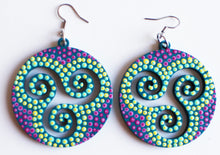 Load image into Gallery viewer, Purple and Yellow Wooden Swirls Inside of Circle Earrings
