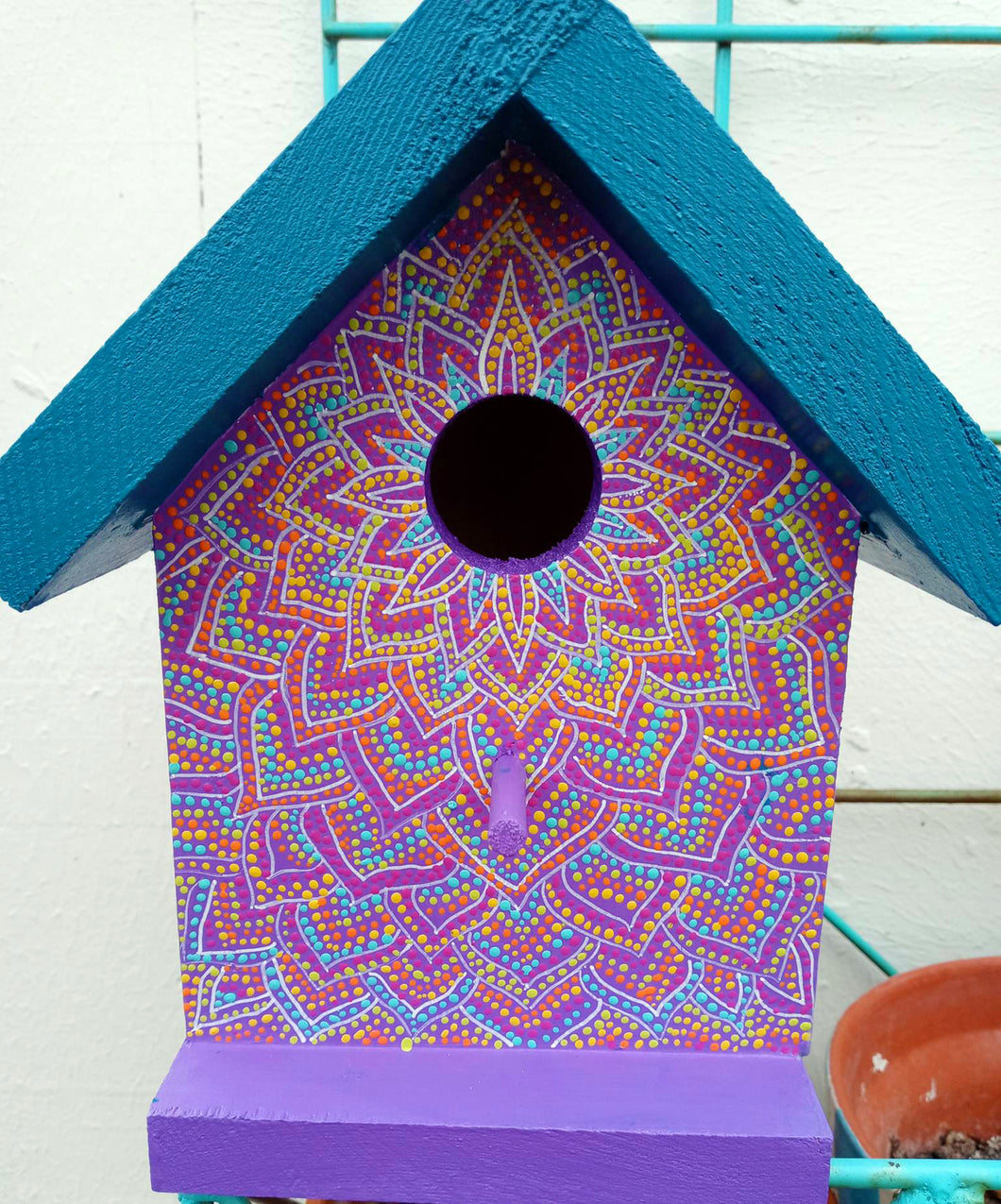 Hand Painted Purple and Blue with Colorful Dot Art Design Wooden Bird House
