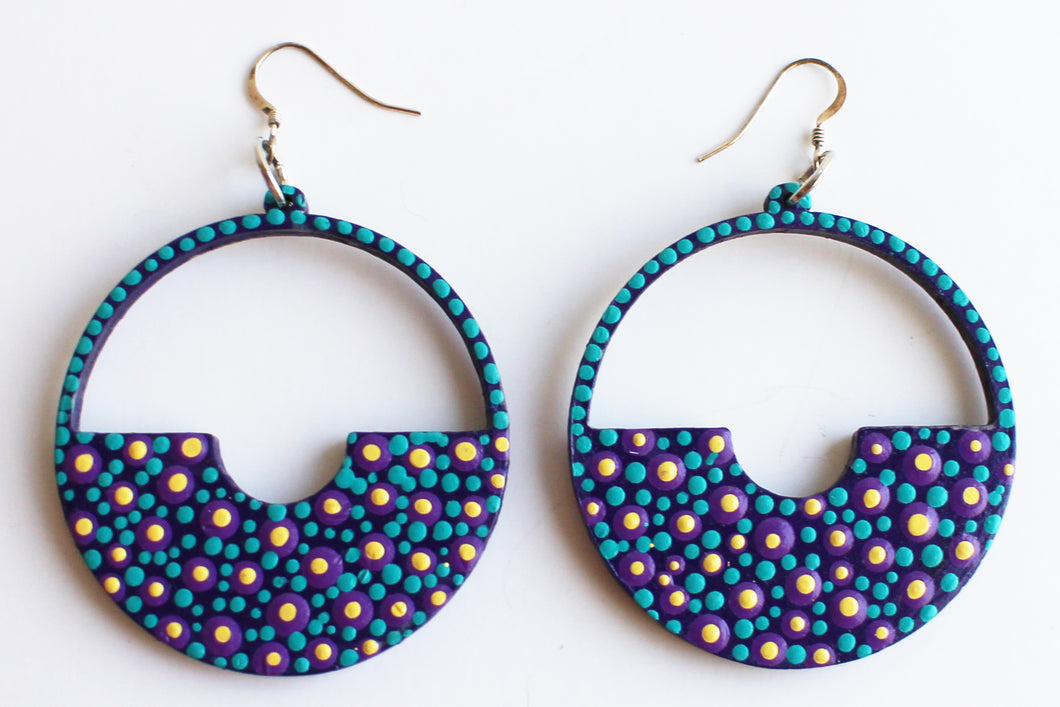 Blue and Purple Hand Painted Wooden Half Circle Earrings