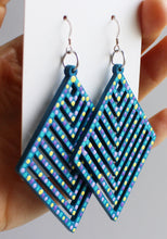 Load image into Gallery viewer, Blue and Yellow Hand Painted Wooden Large Striped Diamond Earrings
