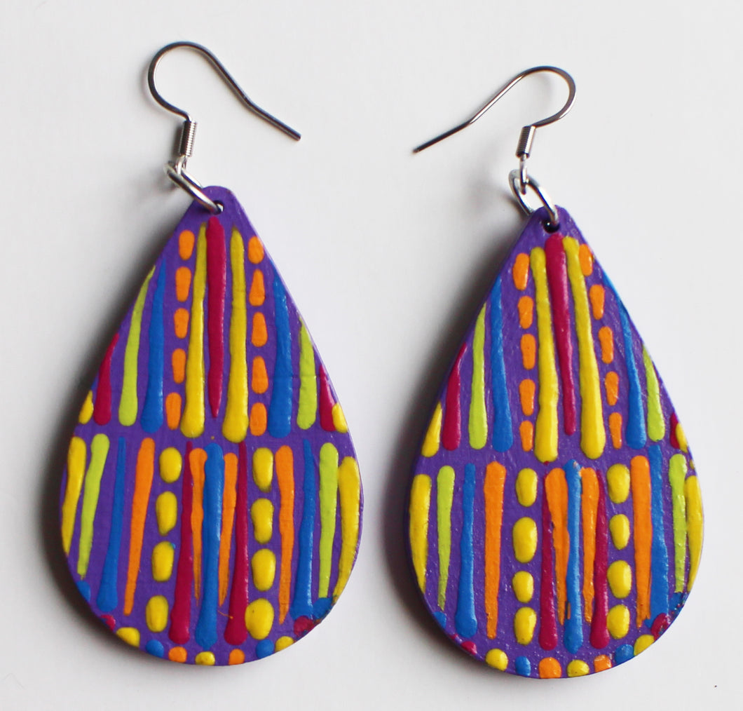 Blue and Yellow Hand Painted Wooden Teardrop Earrings