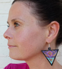 Load image into Gallery viewer, Pink and Purple Hand Painted Laser Cut Wood Upside Down Triangle Earrings
