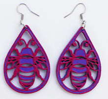 Load image into Gallery viewer, Purple and Pink Hand Painted Bee in Teardrop Earrings
