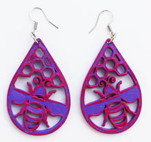 Load image into Gallery viewer, Purple and Pink Hand Painted Bee with Honey Comb Earrings
