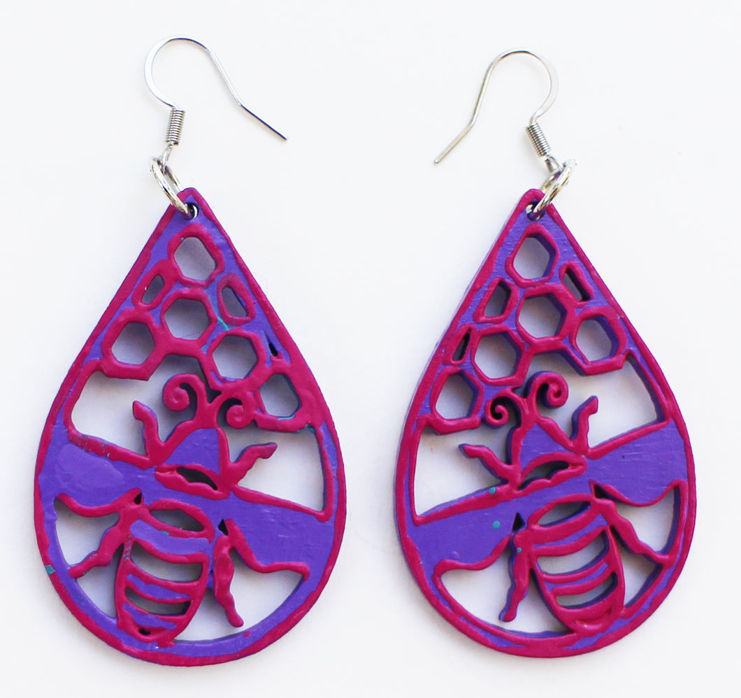 Purple and Pink Hand Painted Bee with Honey Comb Earrings