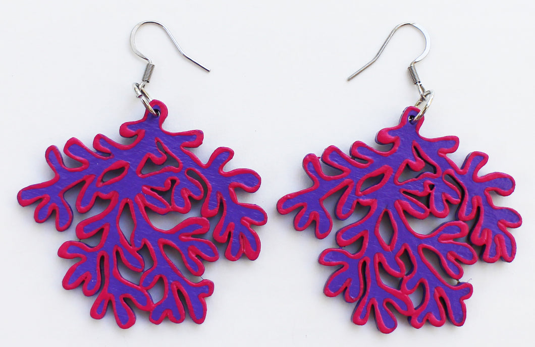 Purple and Pink Hand Painted Large Sea Coral Earrings