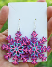 Load image into Gallery viewer, Pink and Light Blue Hand Painted Laser Cut Wood Snowflake Earrings
