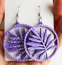 Load image into Gallery viewer, Purple and White Hand Painted Wooden Leaf Earrings
