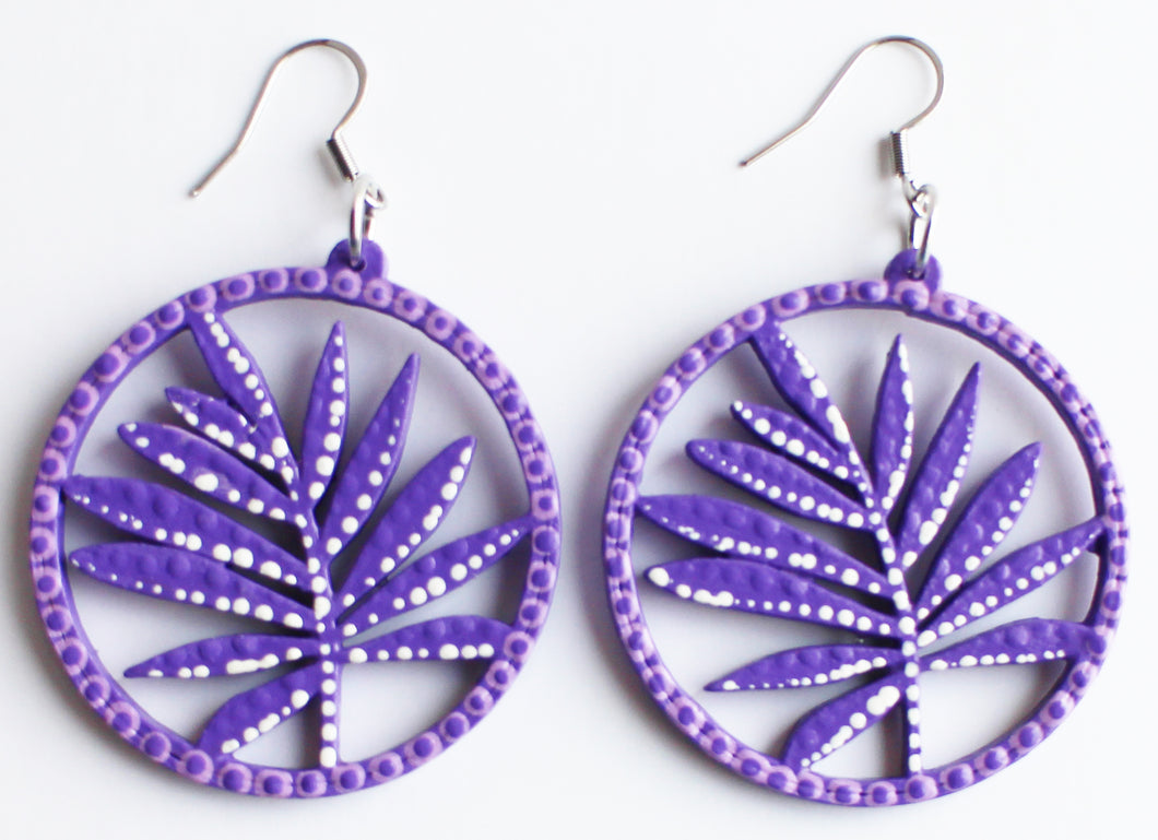 Purple and White Hand Painted Wooden Leaf Earrings