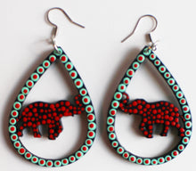 Load image into Gallery viewer, Red and Black Hand Painted Wooden Elephant in Teardrop Earrings
