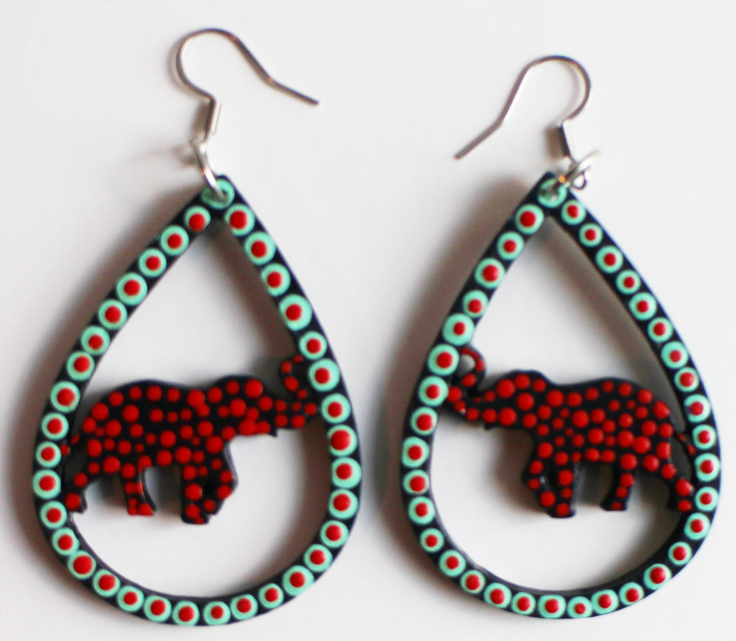 Red and Black Hand Painted Wooden Elephant in Teardrop Earrings