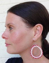 Load image into Gallery viewer, Red and White Hand Painted Teardrop Hoop Earrings
