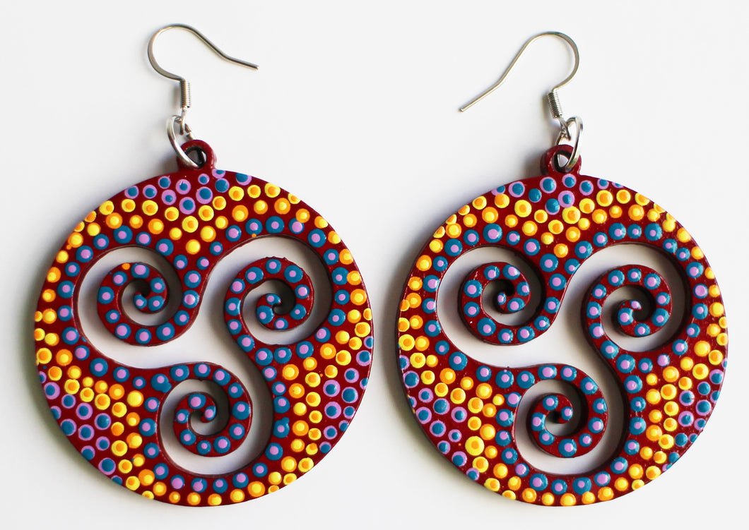 Red and Yellow Hand Painted Swirls inside Circle Earrings
