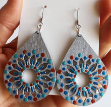 Load image into Gallery viewer, Metallic Silver and Copper Hand Painted Sunflower Teardrop Earrings
