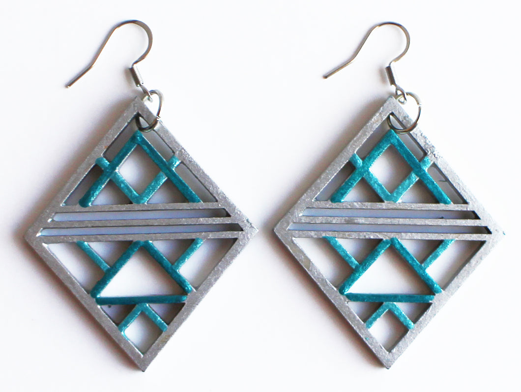 Metallic Silver and Teal Wooden Diamond Shaped Earrings