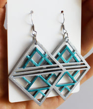 Load image into Gallery viewer, Metallic Silver and Teal Wooden Diamond Shaped Earrings
