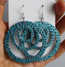 Load image into Gallery viewer, Silver and Teal Hand Painted Wooden Triple Hoop Earrings
