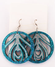 Load image into Gallery viewer, Teal and Silver Hand Painted Sparkly Heart in Circle Earrings
