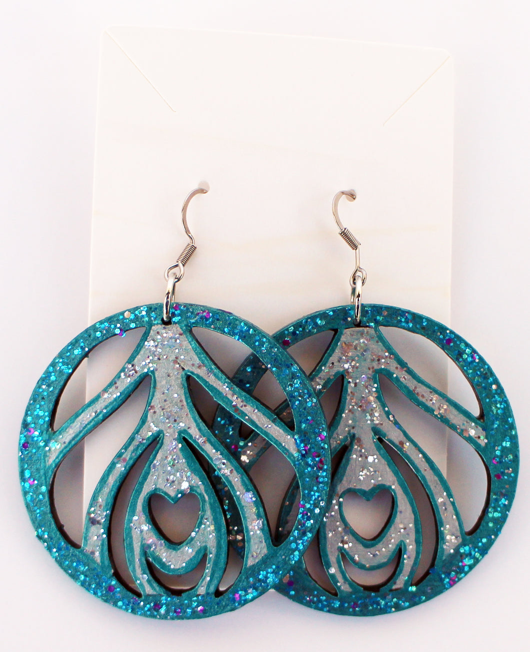Teal and Silver Hand Painted Sparkly Heart in Circle Earrings