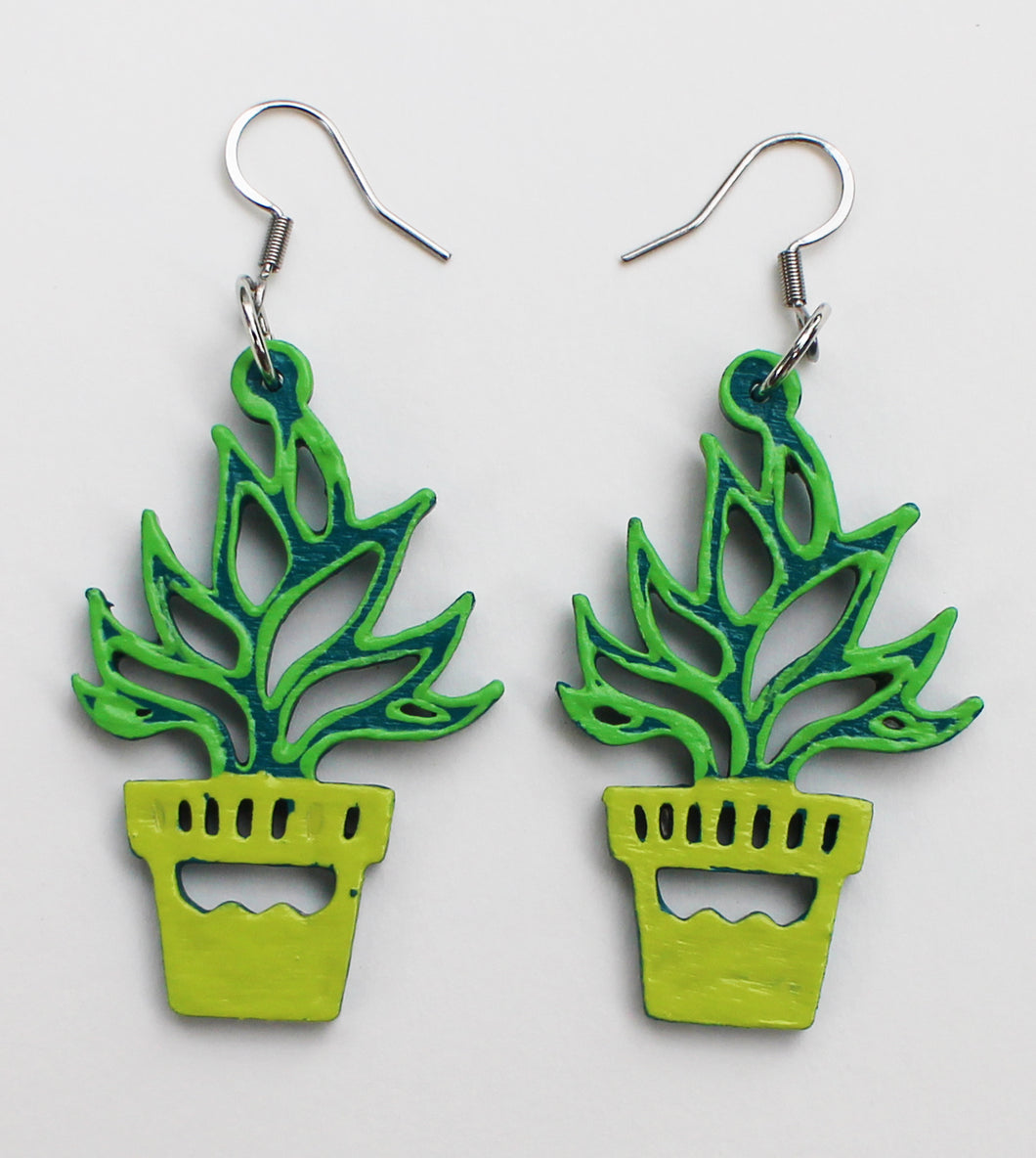 Hand Painted Green Tiny Potted Plant Earrings