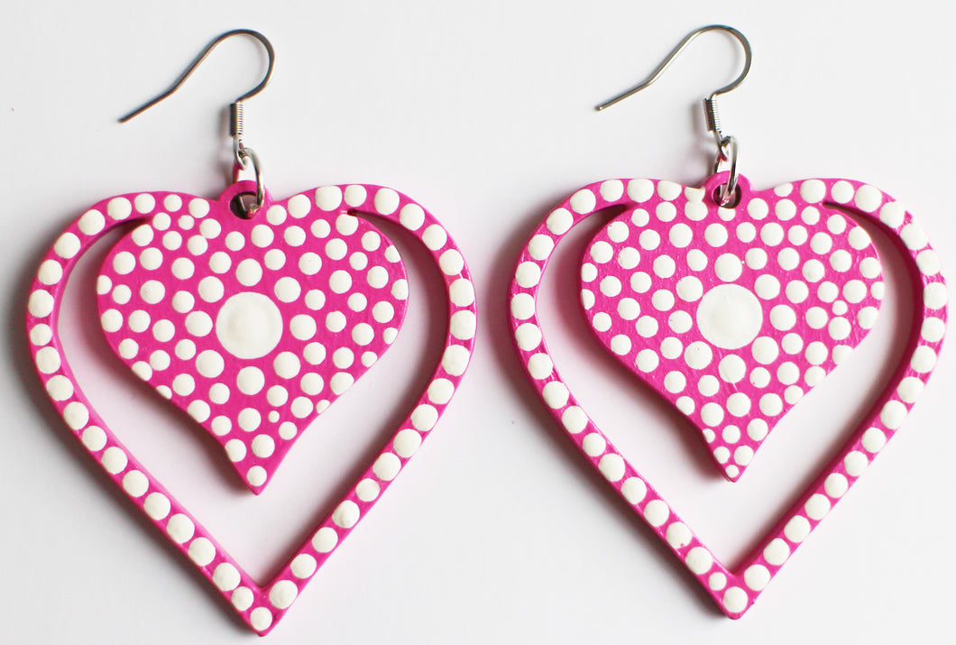 White and Pink Hand Painted Wooden Heart Earrings