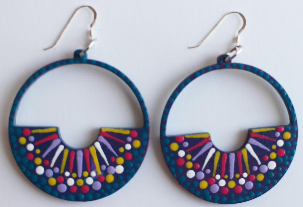 Blue and Pink Hand Painted Half Circle Earrings