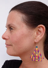 Load image into Gallery viewer, Yellow and Pink Hand Painted Wooden Double Triangle Earrings
