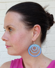 Load image into Gallery viewer, Hand Painted Blue and Pink Laser Cut Wood Triple Hoop Earrings
