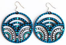 Load image into Gallery viewer, Blue and White Hand Painted Circle with Pattern Earrings
