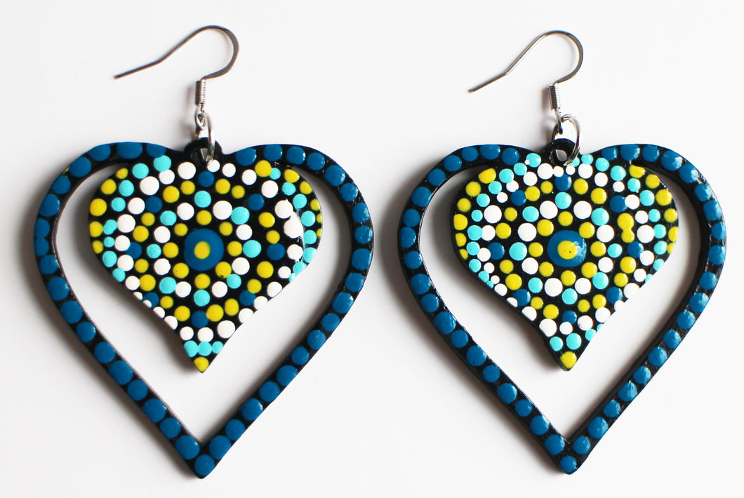 Blue and Yellow Hand Painted Wooden Heart Earrings