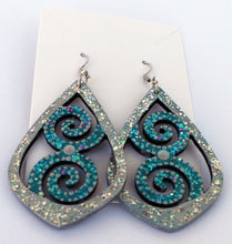 Load image into Gallery viewer, Metallic Teal and Silver Hand Painted Double Spiral Sparkle Earrings
