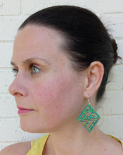 Load image into Gallery viewer, Green and Yellow Hand Painted Laser Cut Wood Diamond Shaped Earrings
