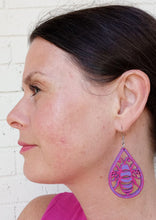Load image into Gallery viewer, Purple and Pink Hand Painted Bee in Teardrop Earrings
