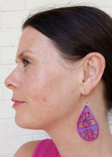 Load image into Gallery viewer, Purple and Pink Hand Painted Bee with Honey Comb Earrings
