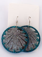Load image into Gallery viewer, Teal and Silver Hand Painted Sparkly Leaf in Circle Earrings
