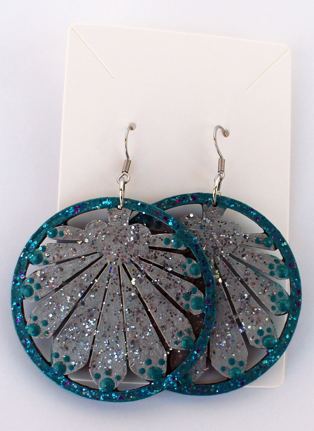 Teal and Silver Hand Painted Sparkly Leaf in Circle Earrings