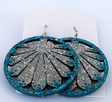 Load image into Gallery viewer, Teal and Silver Hand Painted Sparkly Leaf in Circle Earrings
